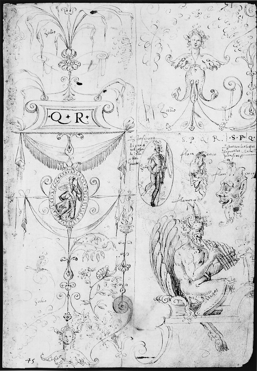 Grotesques Designs with Various Inscriptions (recto); Candelabra Grotesque and Two Putti Holding Flowers (verso), attributed to Andrés de Melgar (Spanish, documented S. Domingo de la Calzada, died after 1554), Pen and dark gray-brown ink (recto); pen and brown ink over black chalk (verso)