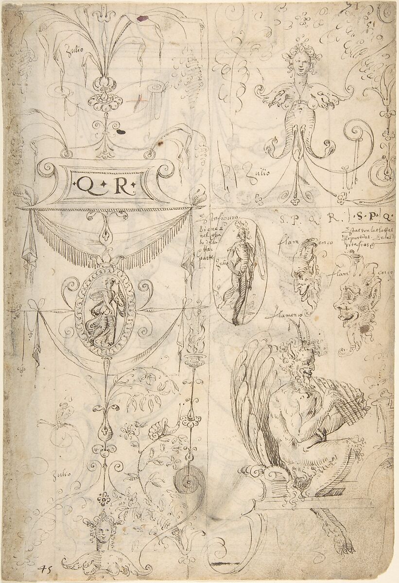 Grotesques Designs with Various Inscriptions (recto); Candelabra Grotesque and Two Putti Holding Flowers (verso), attributed to Andrés de Melgar (Spanish, documented S. Domingo de la Calzada, died after 1554), Pen and dark gray-brown ink (recto).  On off-white paper. Pen and brown ink over traces of black chalk underdrawing (verso).  Drawing on verso pricked on figures of putti and shells below them 