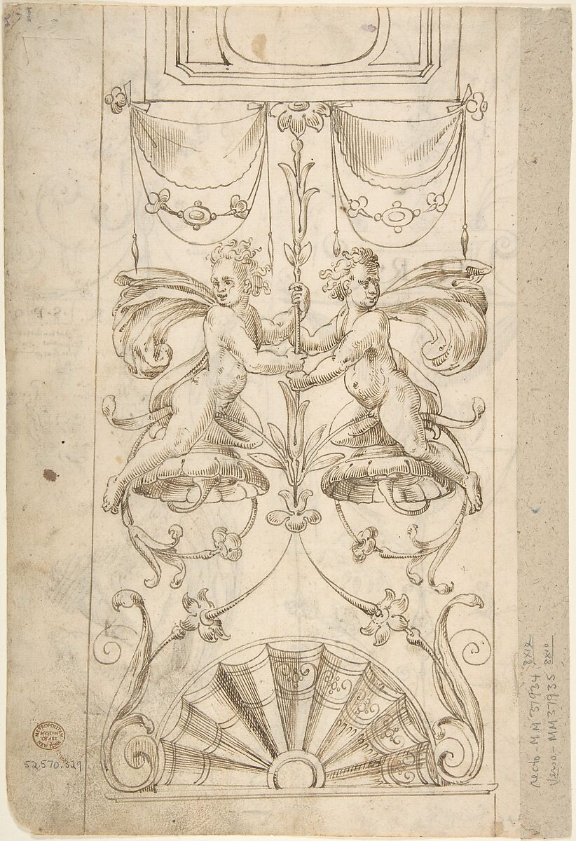Grotesques Designs with Various Inscriptions (recto); Candelabra Grotesque and Two Putti Holding Flowers (verso), attributed to Andrés de Melgar (Spanish, documented S. Domingo de la Calzada, died after 1554), Pen and dark gray-brown ink (recto); pen and brown ink over black chalk (verso)