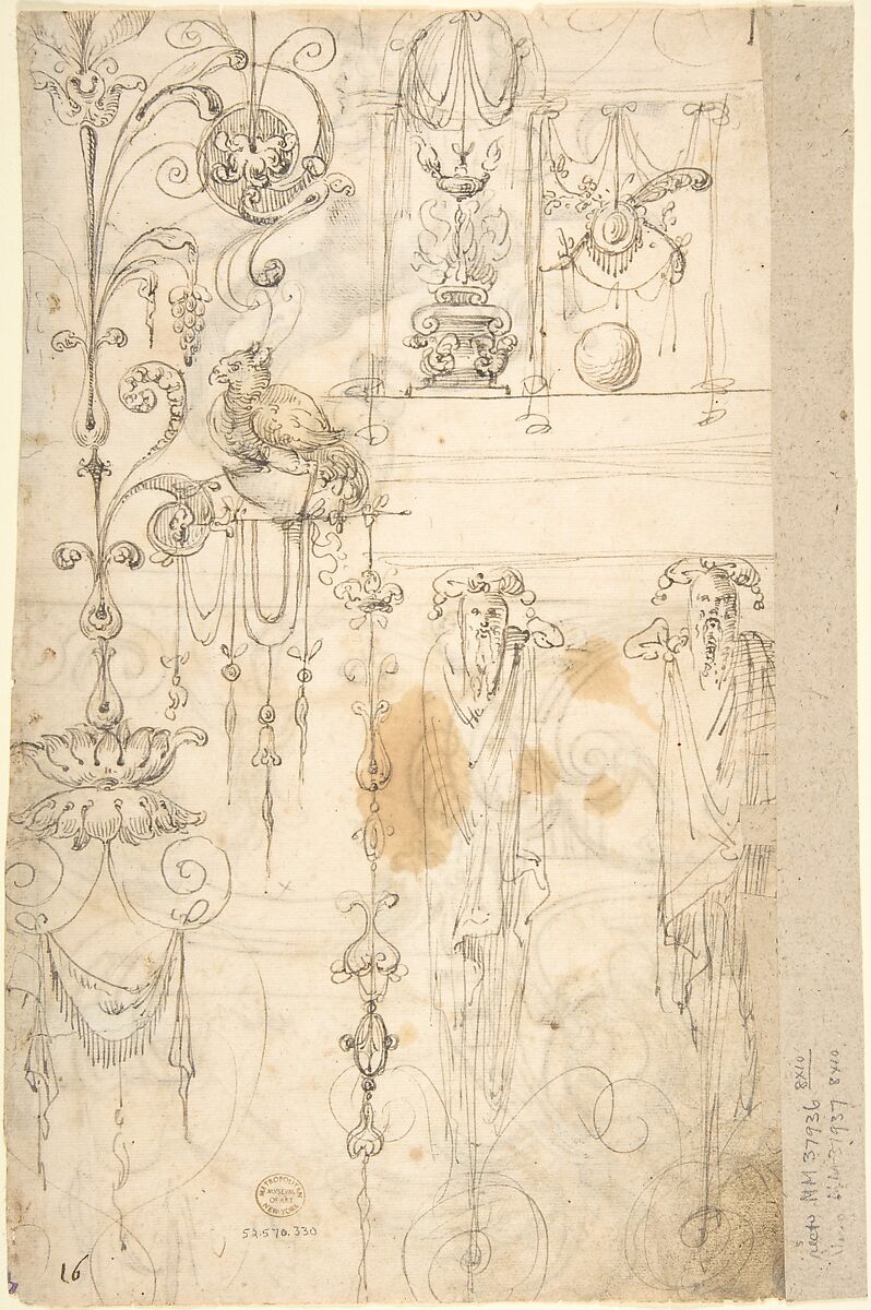 Various Designs of Strapwork and Grotesque Figures (recto); Grotesques with Term Figures (verso), attributed to Andrés de Melgar (Spanish, documented S. Domingo de la Calzada, died after 1554), Pen and dark brown ink (recto); pen and gray-brown ink (verso)
