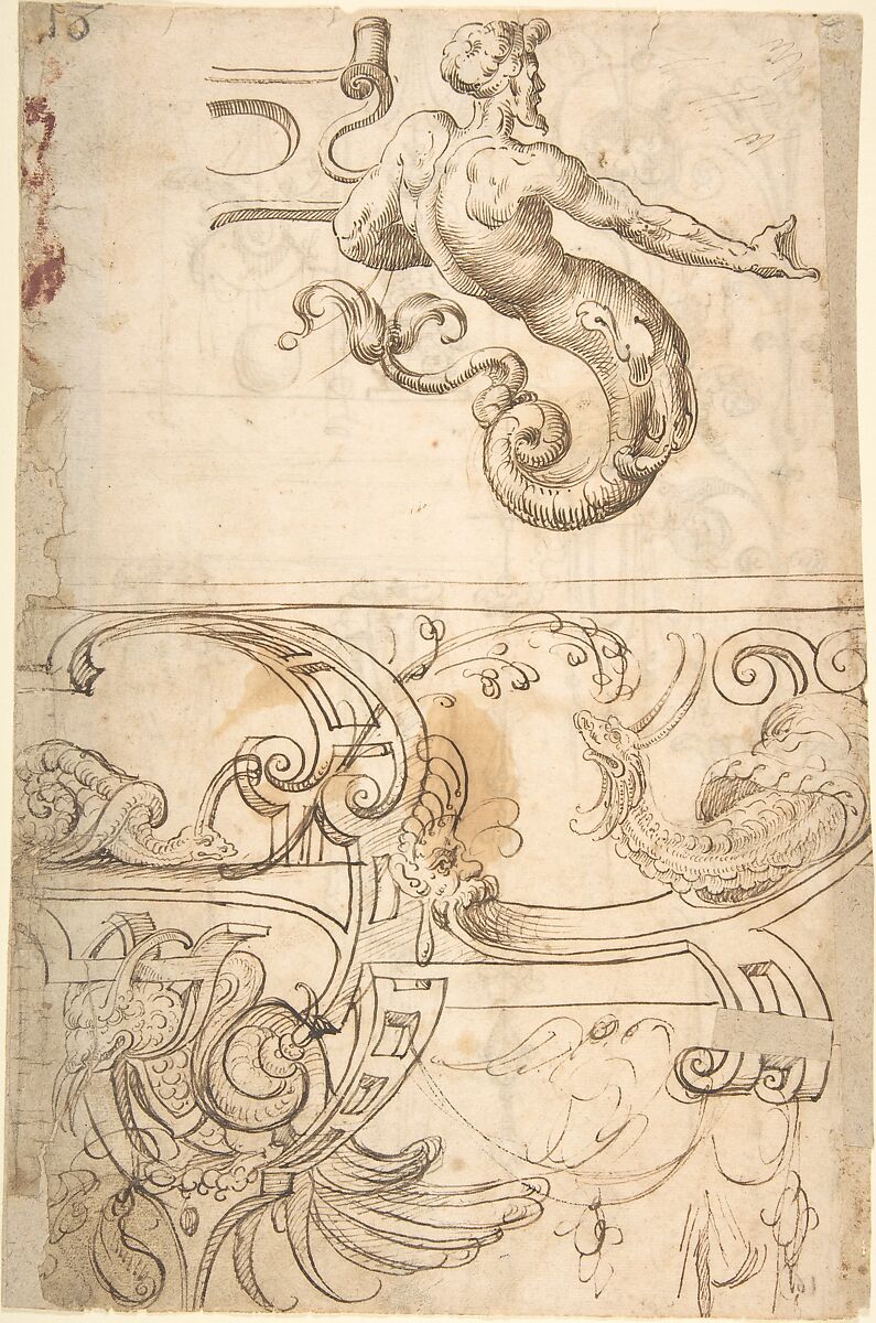 Various Designs of Strapwork and Grotesque Figures (recto); Grotesques with Term Figures (verso), attributed to Andrés de Melgar (Spanish, documented S. Domingo de la Calzada, died after 1554), Pen and dark brown ink (recto).  On off-white paper.  Pen and gray-brown ink (verso) 