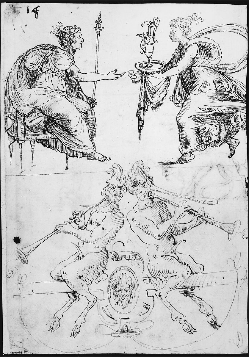Sheet with multiple Designs: Figurative Scene with Two Women (top) and Two Satyrs Playing Horns, Seated Back to Back (bottom) (recto); Three Candelabra Grotesques (verso), attributed to Andrés de Melgar (Spanish, documented S. Domingo de la Calzada, died after 1554), Pen and dark brown ink (recto); pen and dark brown ink (verso)