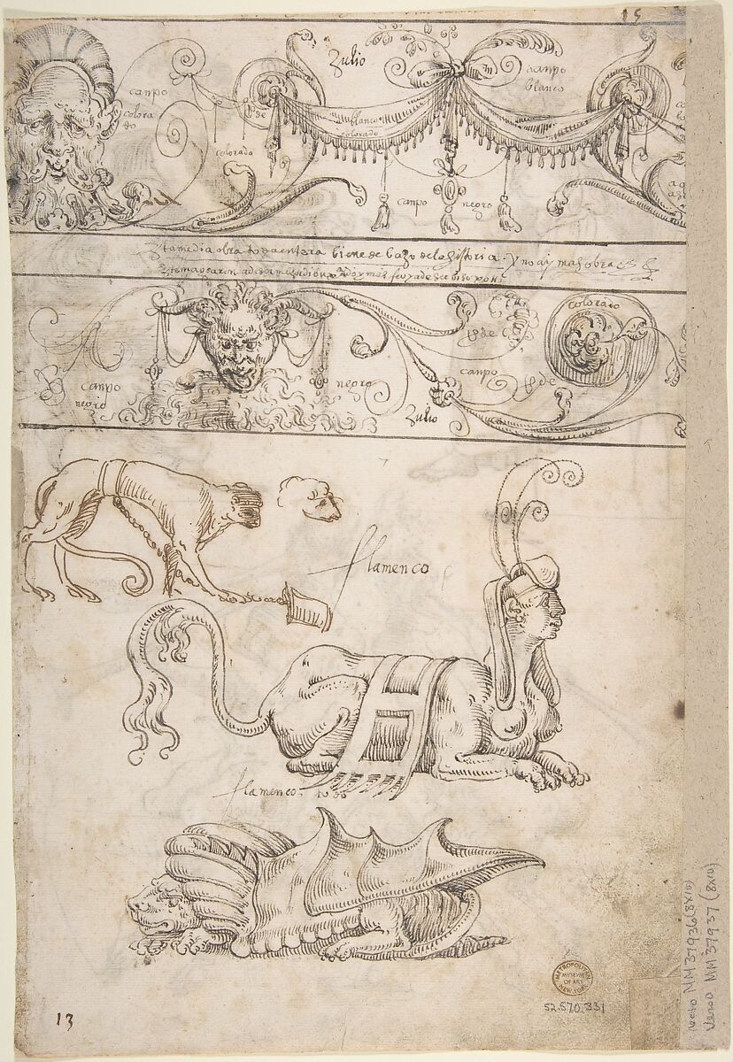 Sheet with multiple Designs: Figurative Scene with Two Women (top) and Two Satyrs Playing Horns, Seated Back to Back (bottom) (recto); Three Candelabra Grotesques (verso), attributed to Andrés de Melgar (Spanish, documented S. Domingo de la Calzada, died after 1554), Pen and dark brown ink (recto); pen and dark brown ink (verso)