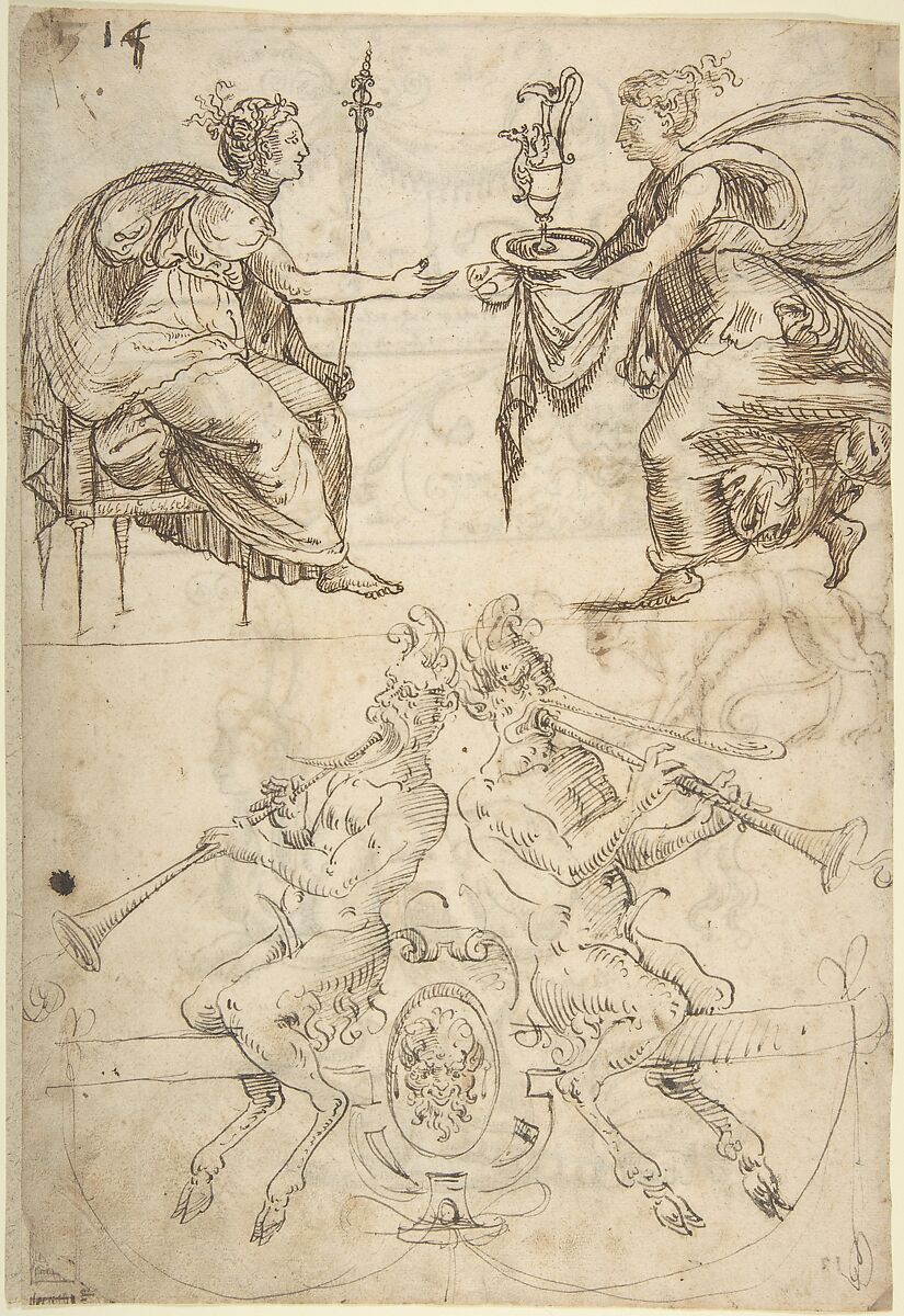 Sheet with multiple Designs: Figurative Scene with Two Women (top) and Two Satyrs Playing Horns, Seated Back to Back (bottom) (recto); Three Candelabra Grotesques (verso), attributed to Andrés de Melgar (Spanish, documented S. Domingo de la Calzada, died after 1554), Pen and dark brown ink (recto); pen and dark brown ink (verso) 