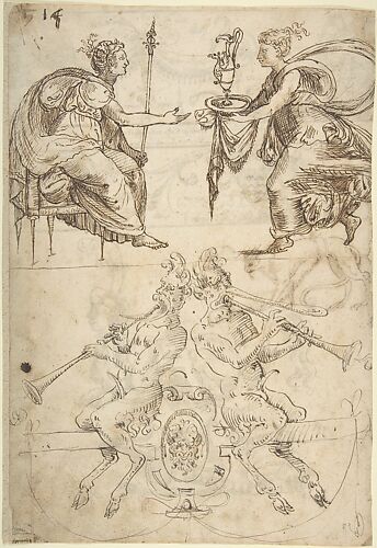 Sheet with multiple Designs: Figurative Scene with Two Women (top) and Two Satyrs Playing Horns, Seated Back to Back (bottom) (recto); Three Candelabra Grotesques (verso)