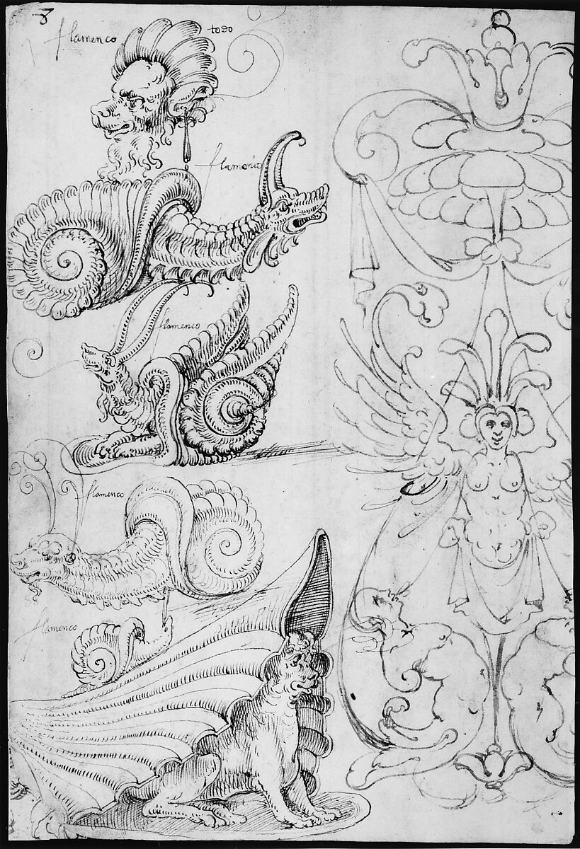 Flemish Grotesque Creatures and a Candelabra Grotesque (recto); Candelabra Grotesques with Mask (verso), Attributed to Andrés de Melgar (Spanish, documented S. Domingo de la Calzada, died after 1554), Pen and dark brown ink (recto); pen and dark brown ink; composition within ruled framing lines at left border of sheet, and at right side of composition (verso)