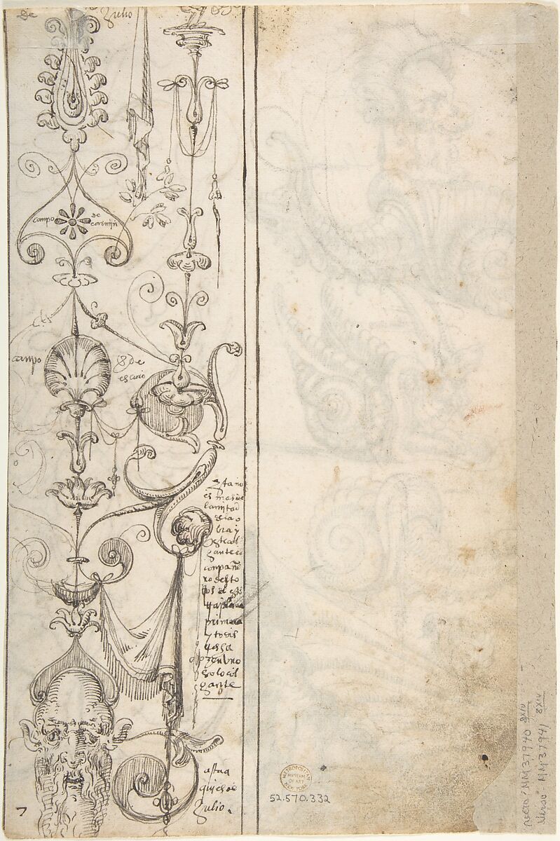 Flemish Grotesque Creatures and a Candelabra Grotesque (recto); Candelabra Grotesques with Mask (verso), Attributed to Andrés de Melgar (Spanish, documented S. Domingo de la Calzada, died after 1554), Pen and dark brown ink (recto); pen and dark brown ink; composition within ruled framing lines at left border of sheet, and at right side of composition (verso)