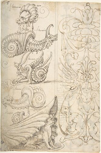 Flemish Grotesque Creatures and a Candelabra Grotesque (recto); Candelabra Grotesques with Mask (verso)