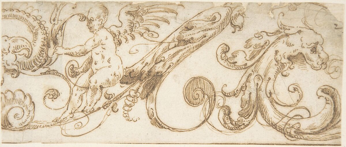 Frieze Design with Acanthus Scrolls, Hybrid Creatures and a Winged Putto, attributed to Andrés de Melgar (Spanish, documented S. Domingo de la Calzada, died after 1554), Pen and brown ink with brown wash 