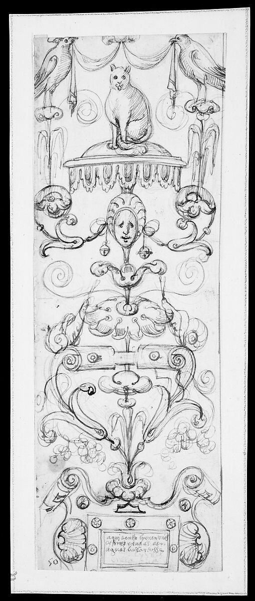 Candelabra Grotesque with a Cat, attributed to Andrés de Melgar (Spanish, documented S. Domingo de la Calzada, died after 1554), Pen and brown ink over black chalk; ruled line along right border of sheet