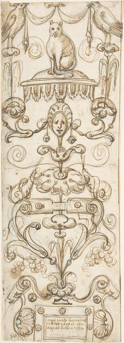 Candelabra Grotesque with a Cat, attributed to Andrés de Melgar (Spanish, documented S. Domingo de la Calzada, died after 1554), Pen and brown ink over black chalk underdrawing; ruled line along right border of sheet 