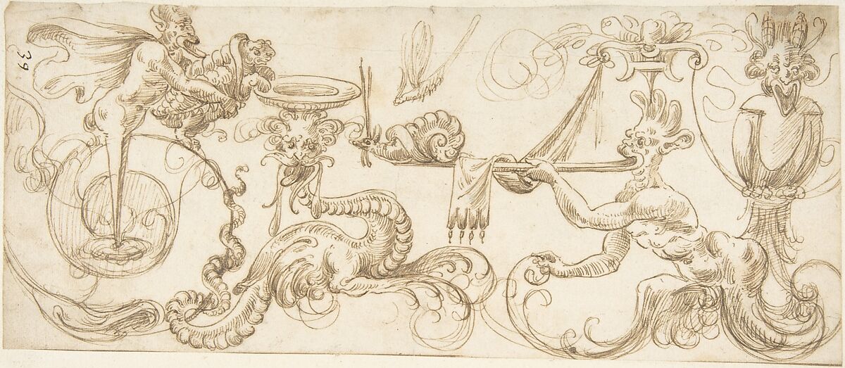Design for a Frieze with Grotesques, attributed to Andrés de Melgar (Spanish, documented S. Domingo de la Calzada, died after 1554), Pen and brown ink 
