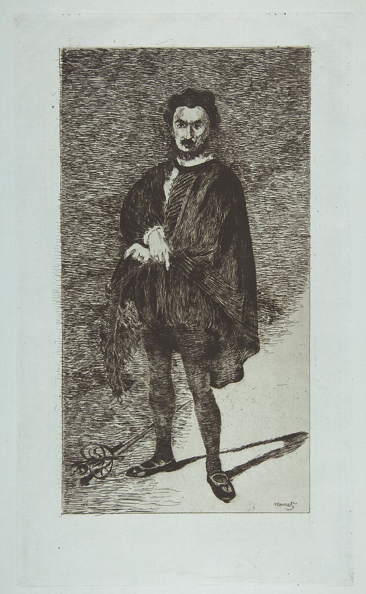 The Tragic Actor: Rouvière in the Role of Hamlet, Edouard Manet (French, Paris 1832–1883 Paris), Etching on blue laid paper, final state (II) 