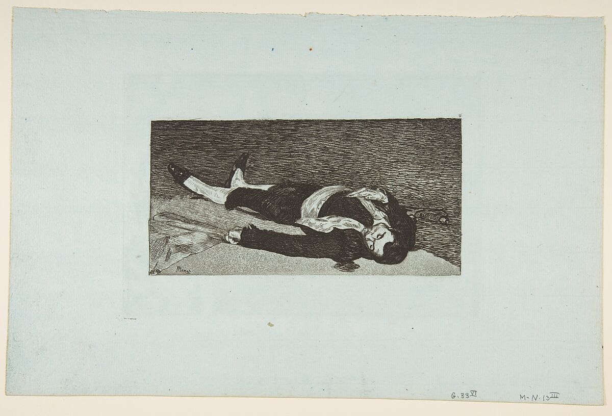 Dead Toreador, Edouard Manet (French, Paris 1832–1883 Paris), Etching and aquatint on blue laid paper, final state (VI)