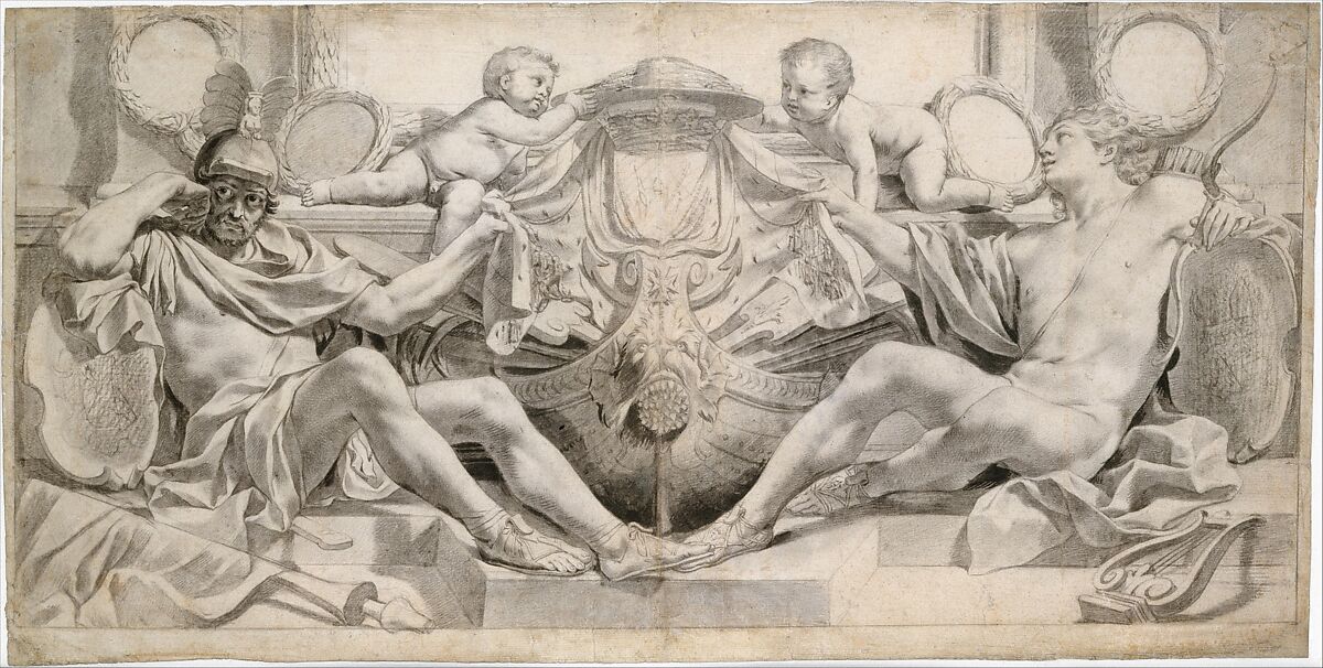 Allegory in Honor of Cardinal Richelieu, Charles Le Brun (French, Paris 1619–1690 Paris), Black chalk, traces of stumping, brush and black and gray wash; contours incised for transfer 