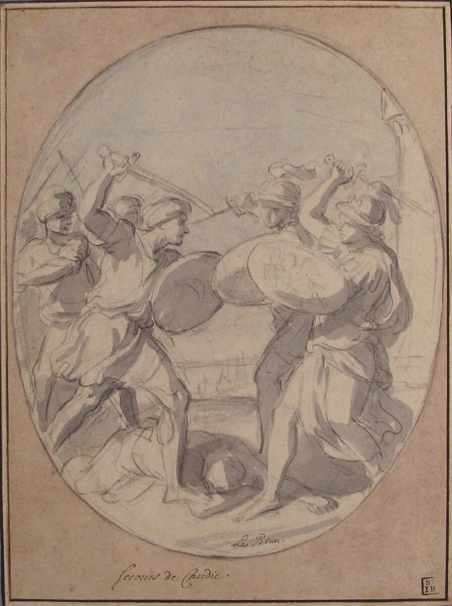 The Relief of Candia, Charles Le Brun (French, Paris 1619–1690 Paris), Black chalk, brush and gray and blue wash, over black chalk. Paper outside oval washed in rose
