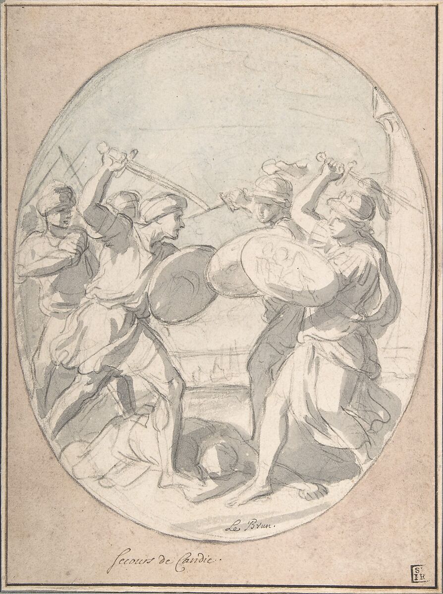 The Relief of Candia, Charles Le Brun (French, Paris 1619–1690 Paris), Black chalk, brush and gray and blue wash, over black chalk. Paper outside oval washed in rose 