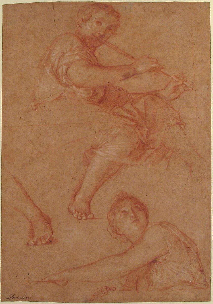 Two Muses, Charles Le Brun (French, Paris 1619–1690 Paris), Red chalk, heightened with white, on beige paper
