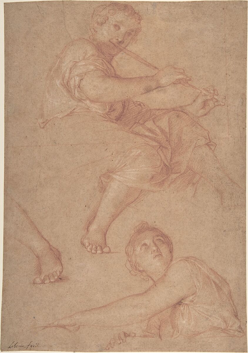 Two Muses, Charles Le Brun (French, Paris 1619–1690 Paris), Red chalk, heightened with white, on beige paper 