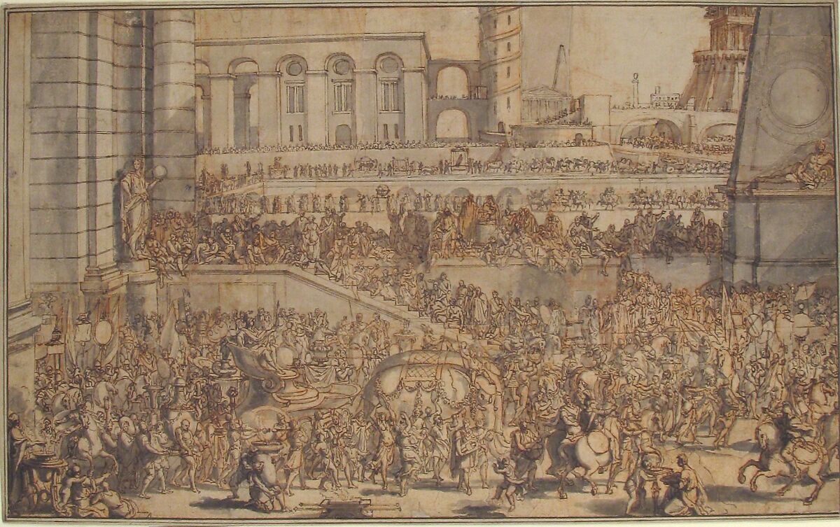 Alexander Entering Babylon, Sébastien Leclerc I (French, Metz 1637–1714 Paris), Pen and brown ink, brush and gray wash over red chalk.  Several corrections on separate pieces of paper, pasted onto original sheet.
