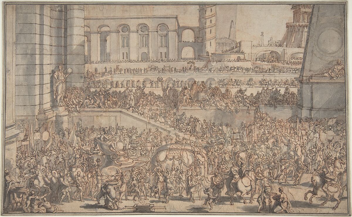 Alexander Entering Babylon, Sébastien Leclerc I (French, Metz 1637–1714 Paris), Pen and brown ink, brush and gray wash over red chalk.  Several corrections on separate pieces of paper, pasted onto original sheet. 