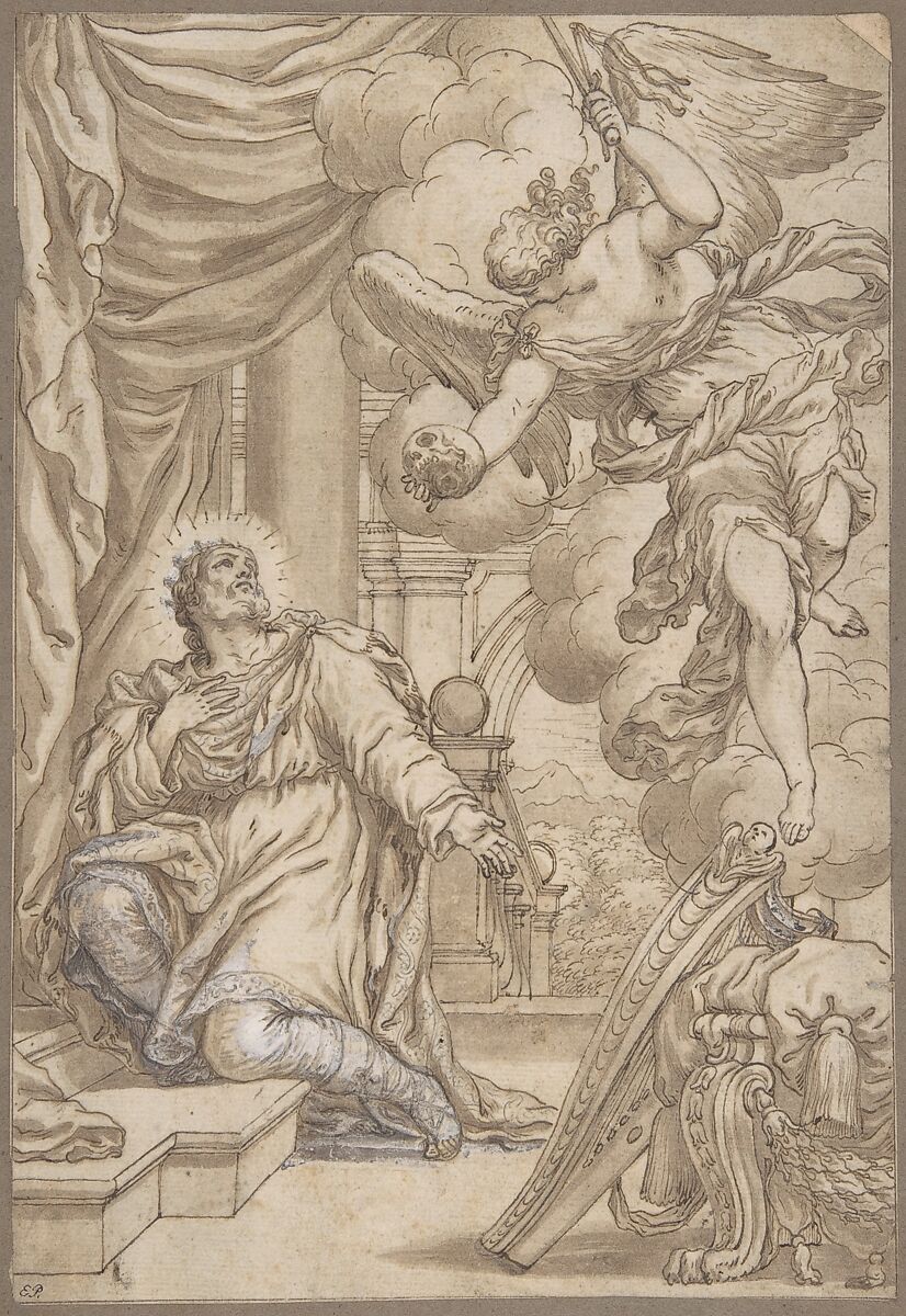 David Chooses Three Days of Pestilence (II Samuel 24:10-17), Valentin Lefebvre (Flemish, Brussels ca. 1642–1682 England), Pen and brown ink, brush and brown wash, heightened with white.  Contours indented for transfer. Lined. 