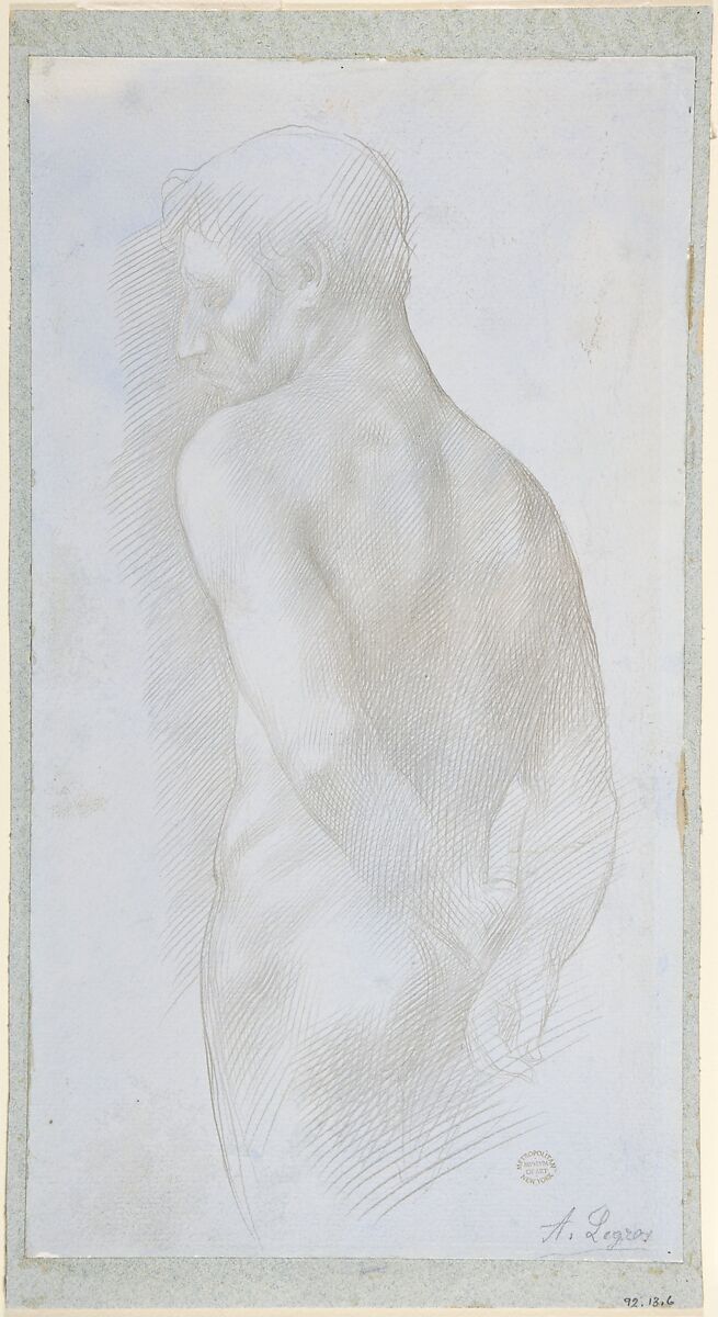 Study of a Figure, Alphonse Legros (French, Dijon 1837–1911 Watford, Hertfordshire), Metalpoint on blue washed paper 