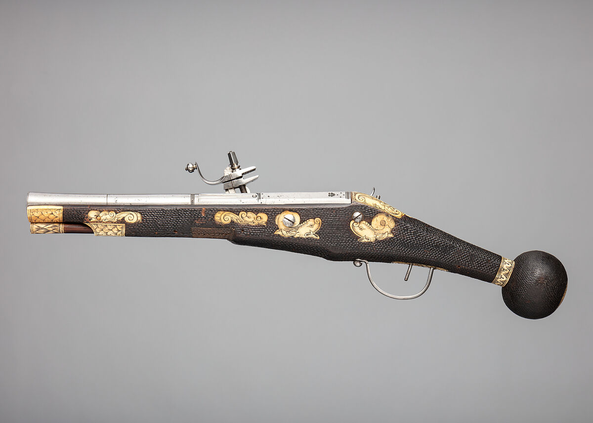 One of a Pair of Wheellock Pistols, Wood (cherry), steel, staghorn, German, Saxony