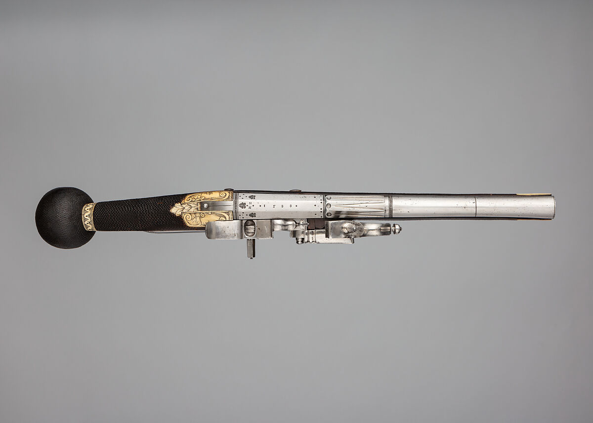 One of a Pair of Wheellock Pistols, Wood (cherry), steel, staghorn, German, Saxony