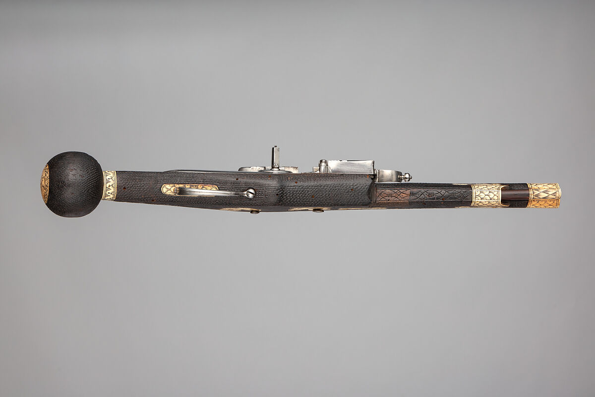 One of a Pair of Wheellock Pistols, Wood (cherry), steel, staghorn, German, Saxony