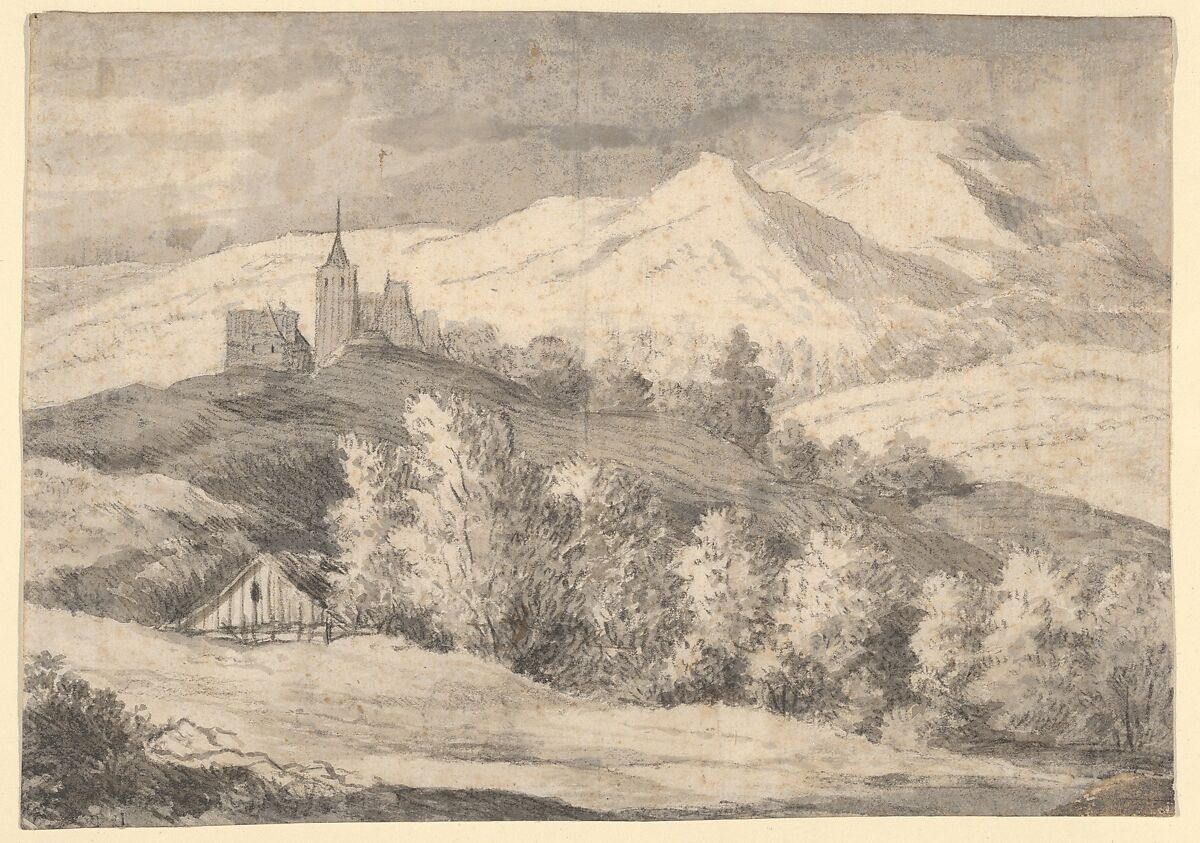Mountaineous Landscape with a Church and Other Buildings, Anonymous, Dutch, 17th century ?, Black chalk, brush and gray and black wash 