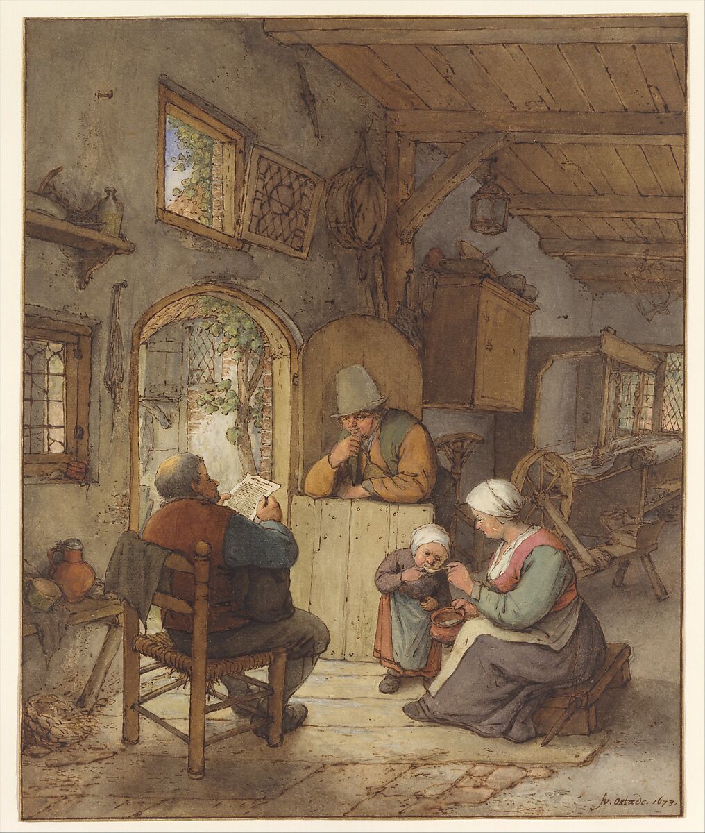 Reading the News at the Weavers' Cottage, Adriaen van Ostade (Dutch, Haarlem 1610–1685 Haarlem), Pen and brown ink, watercolor, white heightening, over traces of graphite; framing lines by the artist (?) in pen and brown ink and gold