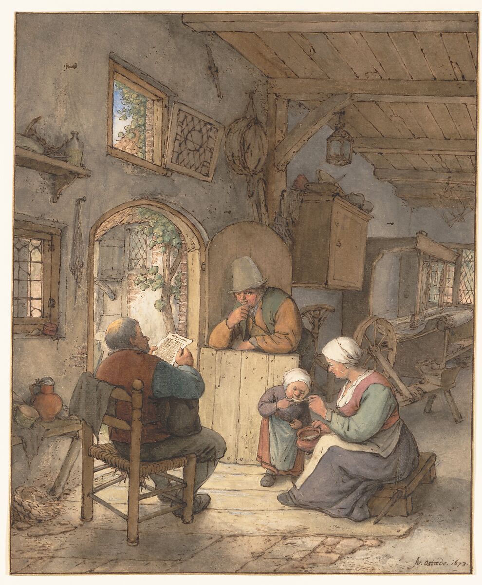 Reading the News at the Weavers' Cottage, Adriaen van Ostade (Dutch, Haarlem 1610–1685 Haarlem), Pen and brown ink, watercolor, white heightening, over traces of graphite; framing lines by the artist (?) in pen and brown ink and gold