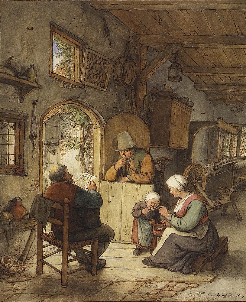 Reading the News at the Weavers' Cottage, Adriaen van Ostade (Dutch, Haarlem 1610–1685 Haarlem), Pen and brown ink, watercolor, white heightening, over traces of graphite; framing lines by the artist (?) in pen and brown ink and gold