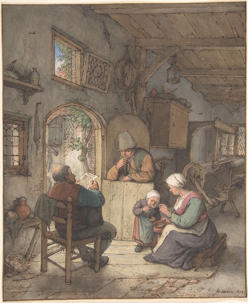 Reading the News at the Weavers' Cottage, Adriaen van Ostade (Dutch, Haarlem 1610–1685 Haarlem), Pen and brown ink, watercolor, white heightening, traces of graphite; framing lines by the artist (?) in brown ink and gold 