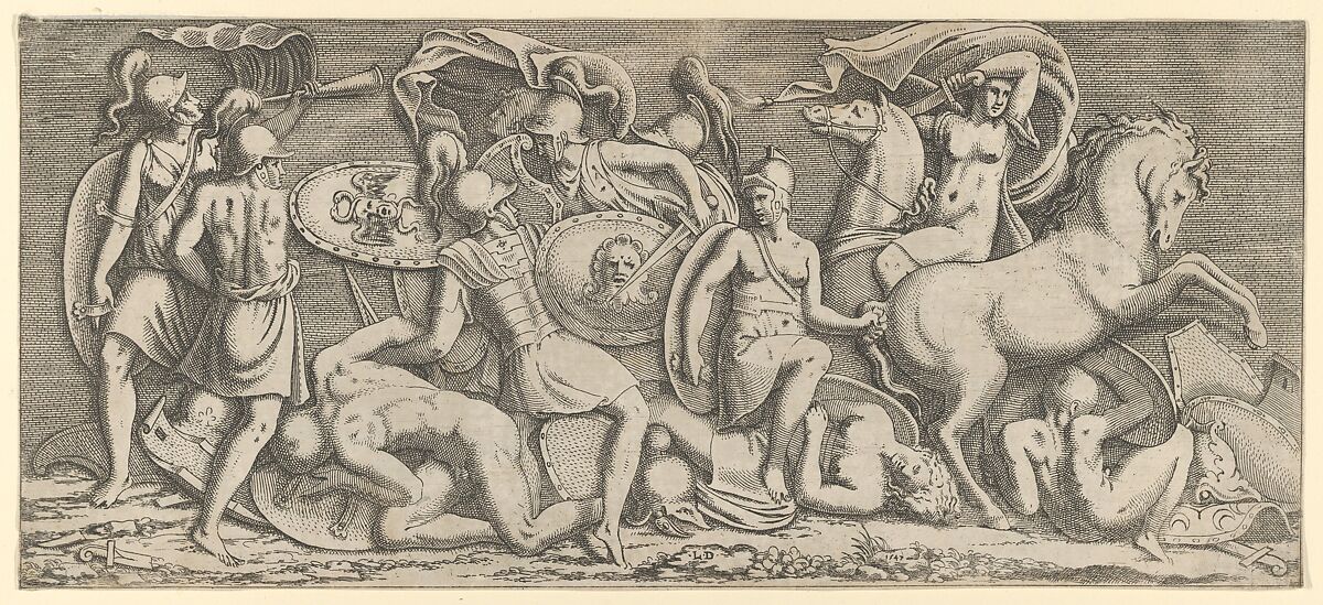 Battle of Amazons, Léon Davent (French, active 1540–56), Etching 