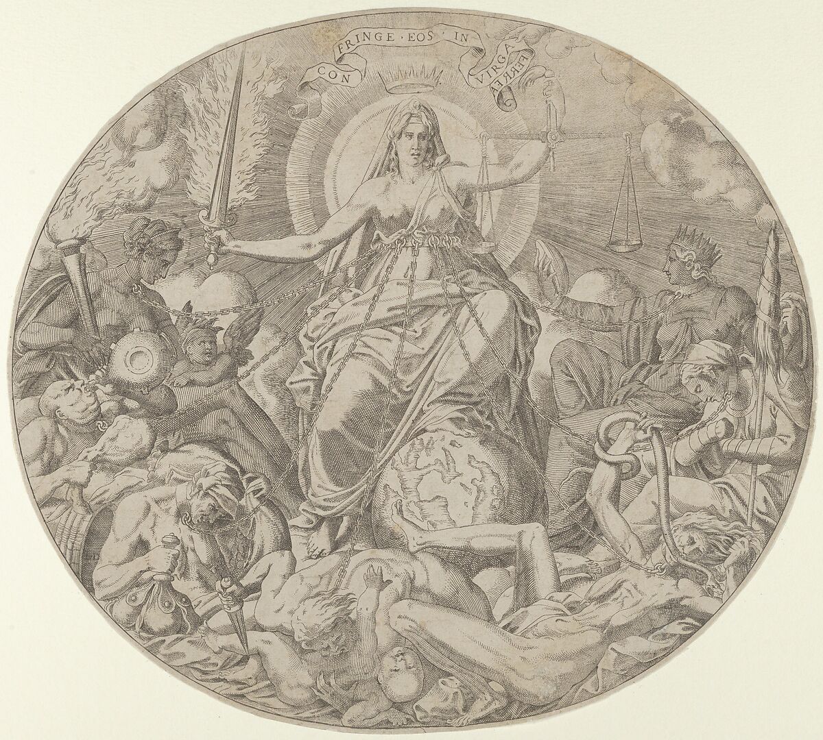 Justice, frontispiece from the "Seven Deadly Sins", Léon Davent (French, active 1540–56), Etching 