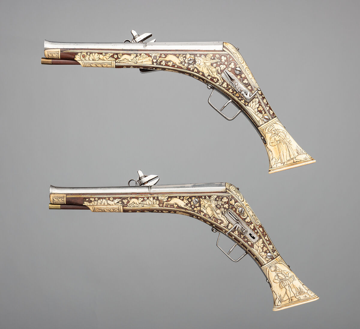 Pair of Wheellock Pistols, Steel, wood, ivory, German, Nuremberg