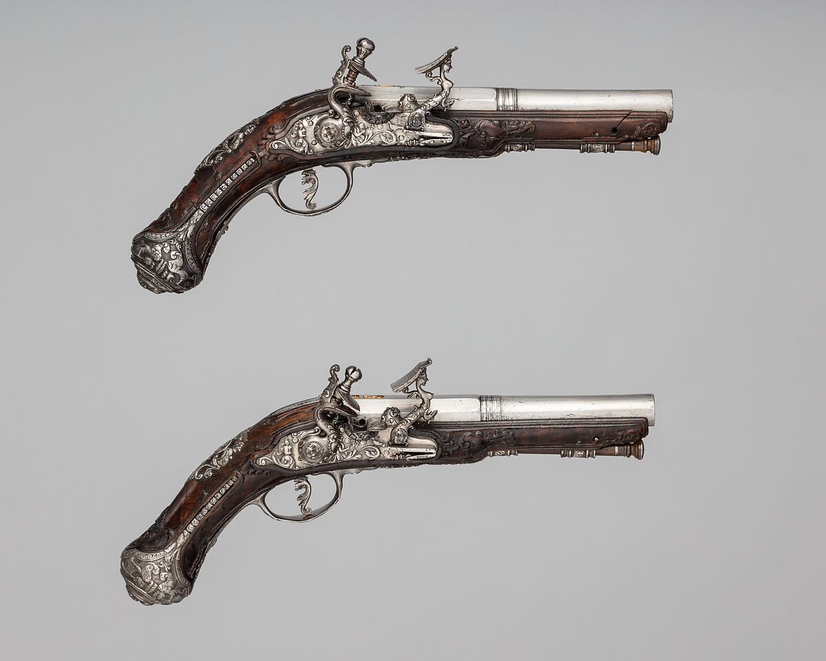 Pair of Snaphaunce Pistols, Steel, wood (walnut?), gold, Italian 