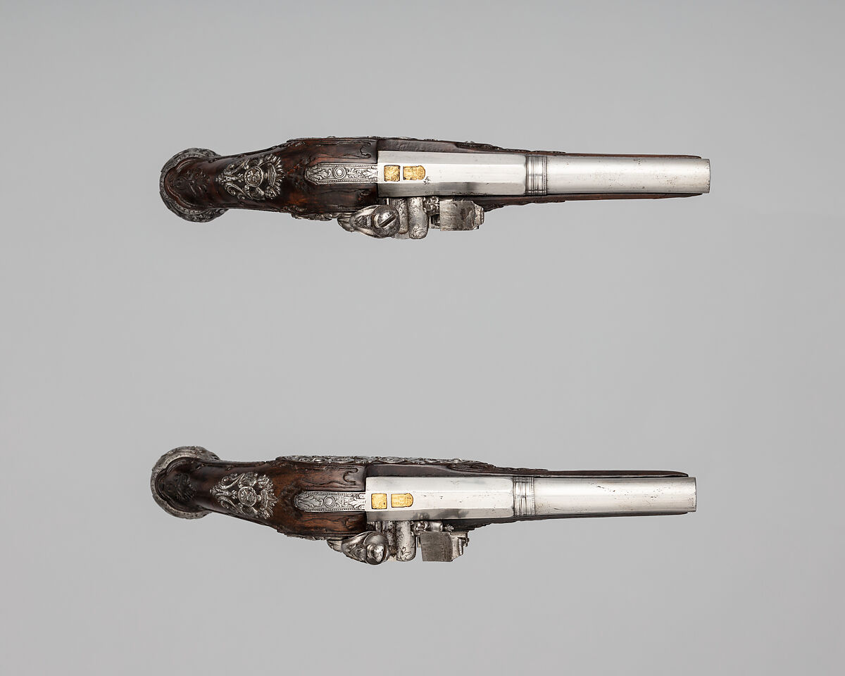 Pair of Snaphaunce Pistols, Steel, wood (walnut?), gold, Italian