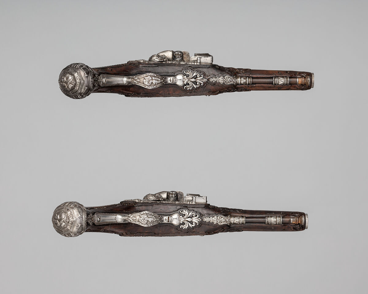 Pair of Snaphaunce Pistols, Steel, wood (walnut?), gold, Italian