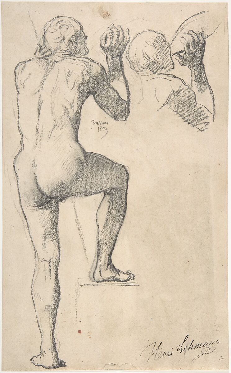 Back View of a Male Nude, Henri Lehmann (French, Kiel 1814–1882 Paris), Graphite 