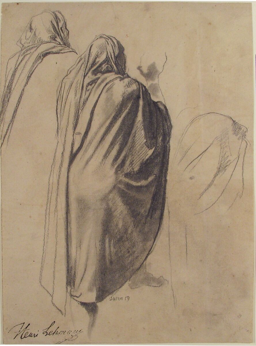 Back View of a Male Figure Wearing a Cloak, Henri Lehmann (French, Kiel 1814–1882 Paris), Graphite and estompe