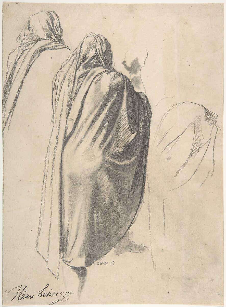 Back View of a Male Figure Wearing a Cloak, Henri Lehmann (French, Kiel 1814–1882 Paris), Graphite and estompe 