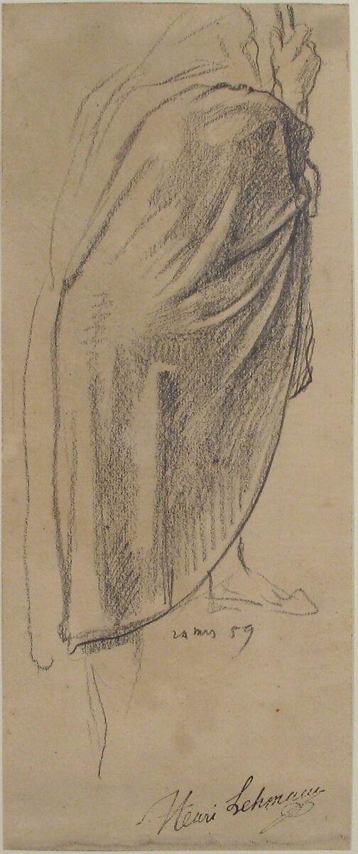 Back View of a Draped Male Figure Holding a Staff, Henri Lehmann (French, Kiel 1814–1882 Paris), Graphite