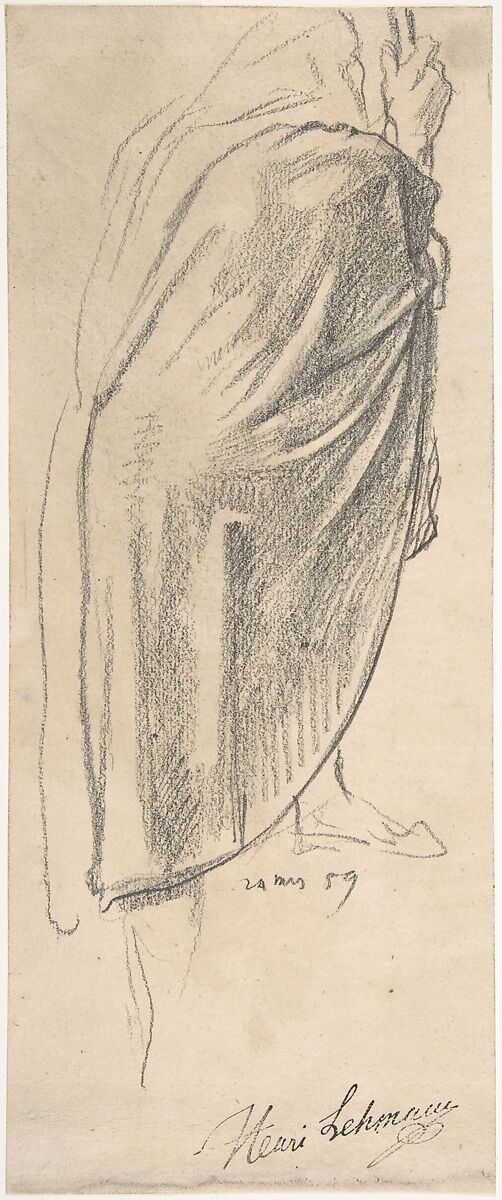 Back View of a Draped Male Figure Holding a Staff, Henri Lehmann (French, Kiel 1814–1882 Paris), Graphite 