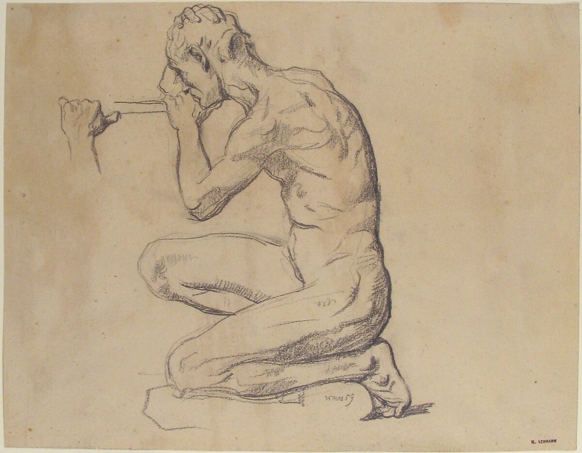 Kneeling Nude Male Figure, Facing Left, Henri Lehmann (French, Kiel 1814–1882 Paris), Graphite