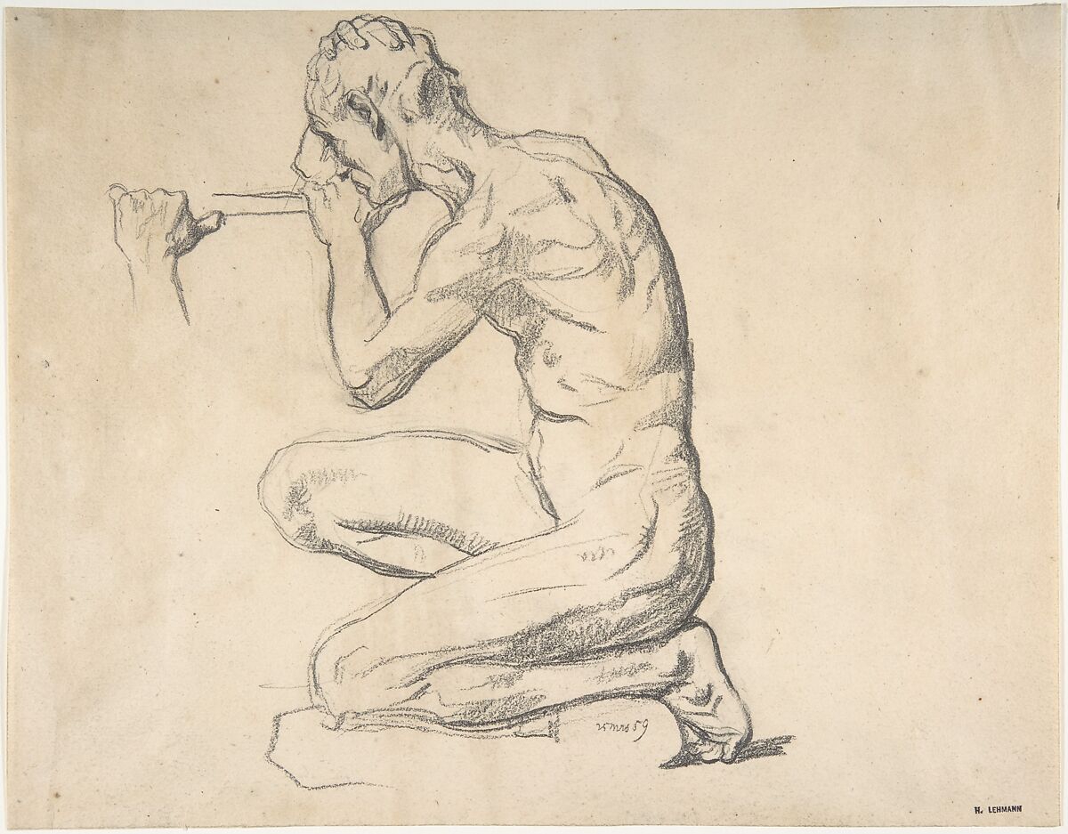 Kneeling Nude Male Figure, Facing Left, Henri Lehmann (French, Kiel 1814–1882 Paris), Graphite 
