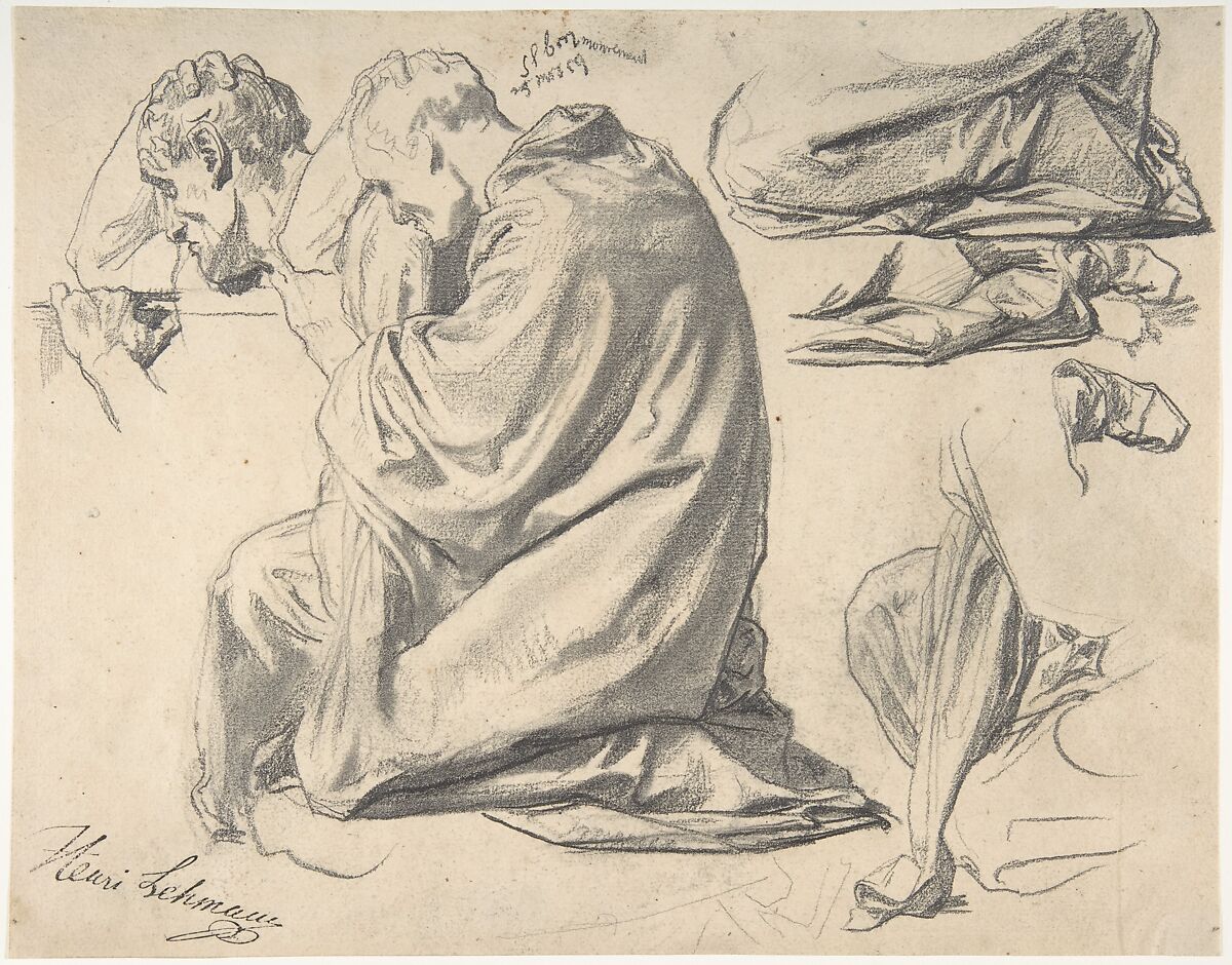 Kneeling Draped Male Figure, Facing Left, Henri Lehmann (French, Kiel 1814–1882 Paris), Graphite and estompe 