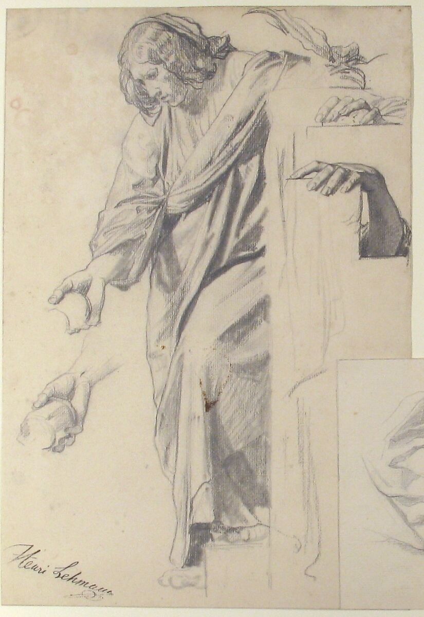 Standing Draped Female Figure, Henri Lehmann (French, Kiel 1814–1882 Paris), Graphite and estompe